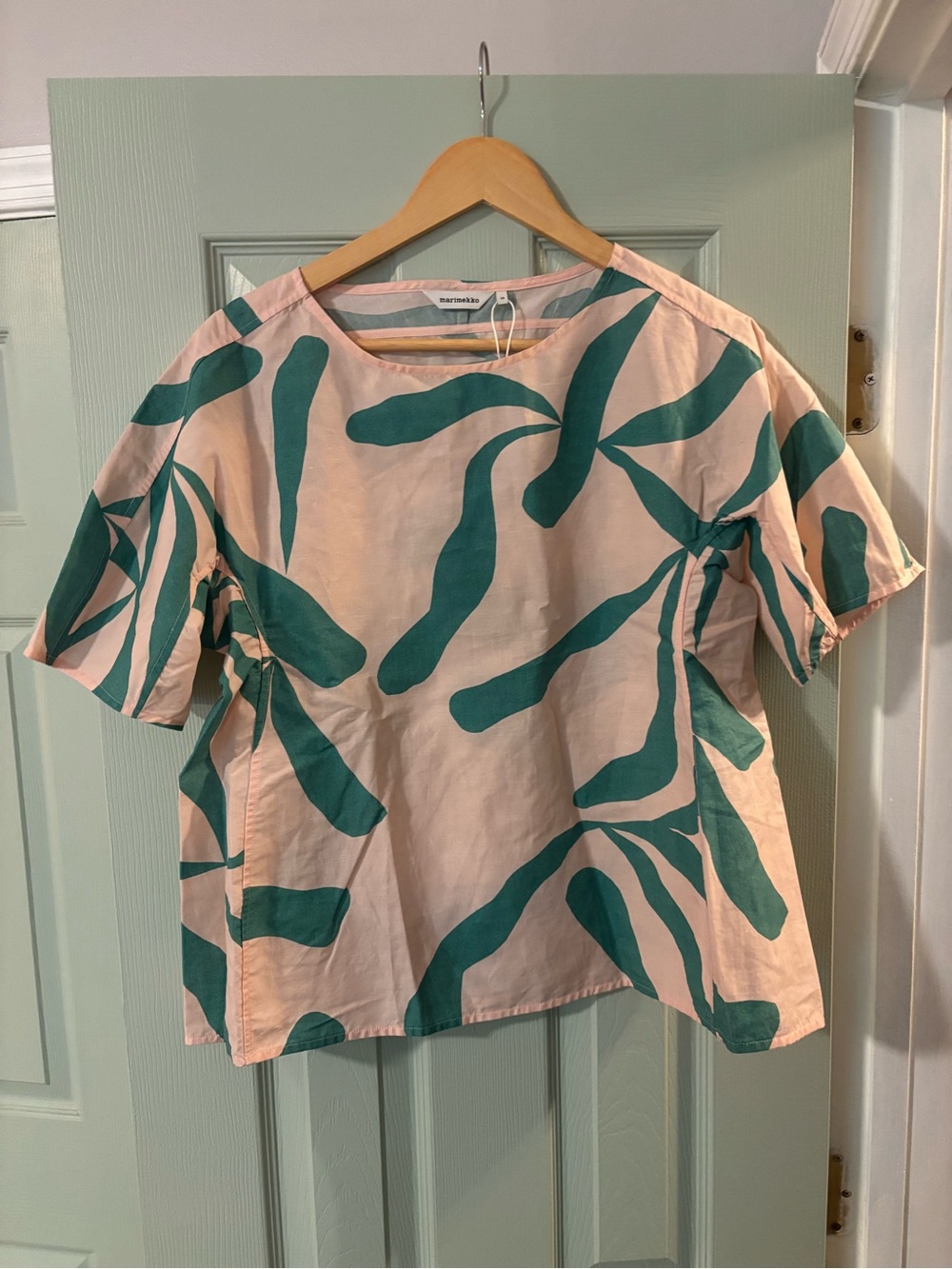 Marimekko Pink Top with Teal Abstract Leaf Print
